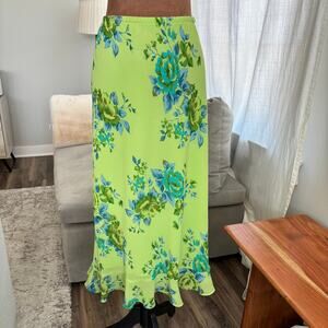 Vintage Y2K Sandra Darren Green Blue Floral Print Maxi Skirt Ruffle Hem Size 8
